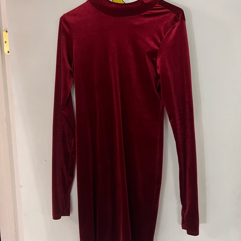 High neck, maroon colored velour mini dress